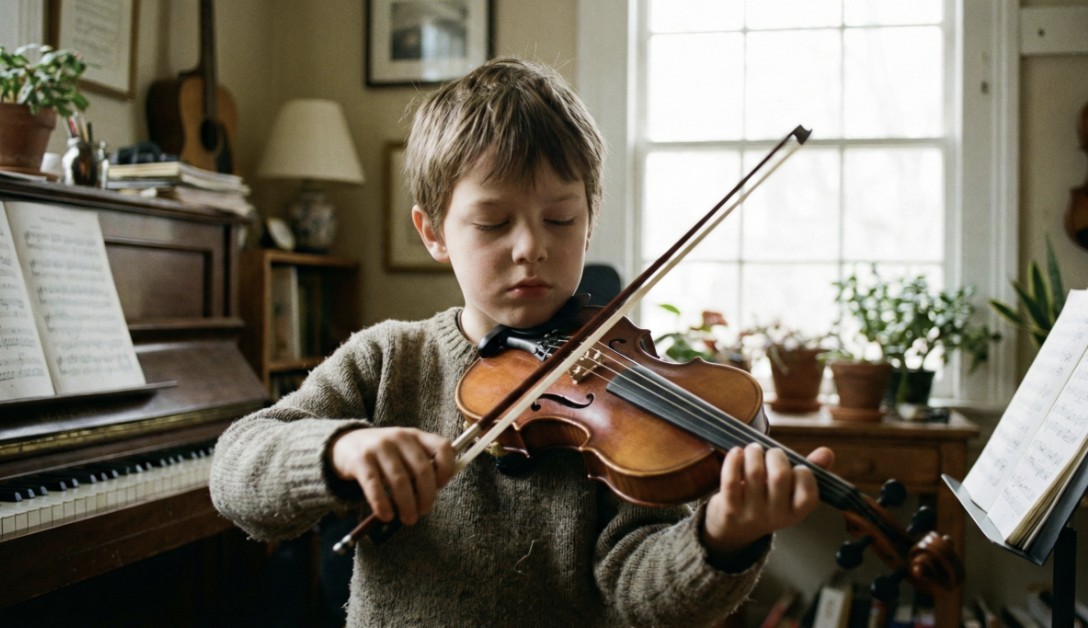 孩子在家中練習小提琴，透過音樂學習培養專注力與大腦發展