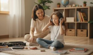 兒童聽覺練習教學：專業導師透過多元樂器進行感官統合與專注力訓練。